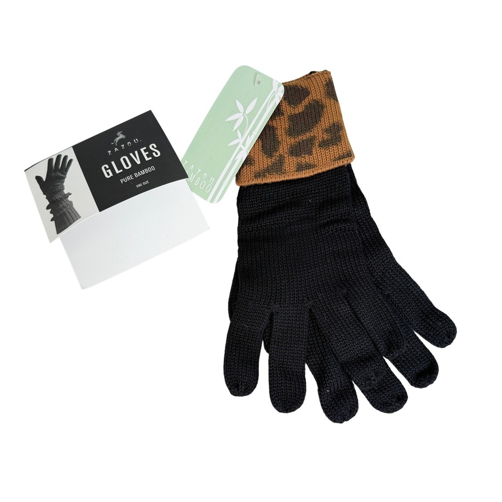 NWT Zazou G359 Leopard Cuff Pure Bamboo‎ Knit Gloves Black One Size New